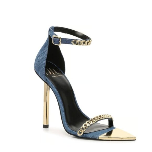 Jlo Jennifer Lopez Binnie High Heel Denim Sandal Gold Chain Accent 7 Ankle Strap - Picture 1 of 4